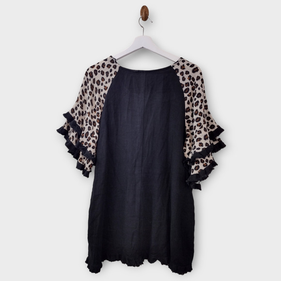Umgee Shirt Womens Small Black Leopard Print Bell Sleeve Layered Oversized Tunic - Picture 2 of 7
